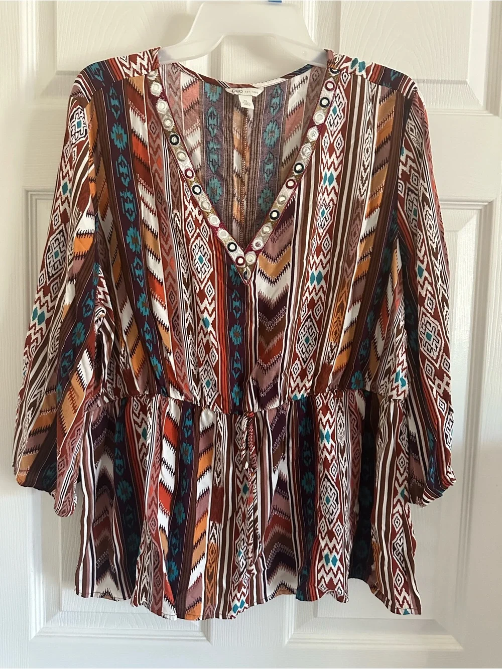Boho-Striped Peplum Tunic Top in Brown & Teal - Picture 1 of 3